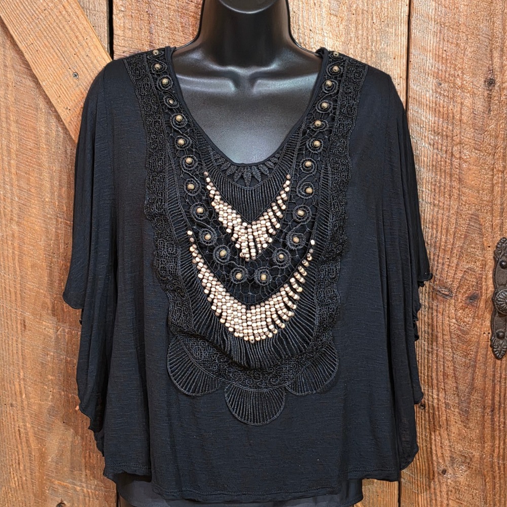 Flats and Heels Boho Beaded Lace Poncho Blouse Black Plus Size 1X Embellished